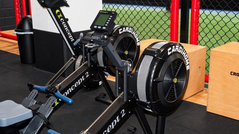 Rameurs Concept2 devant la cage de la salle